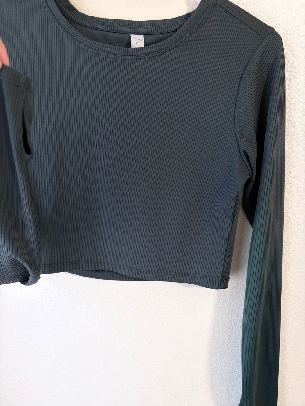 Ribbed Long-Sleeve Crop Top - Slate Gray/Green